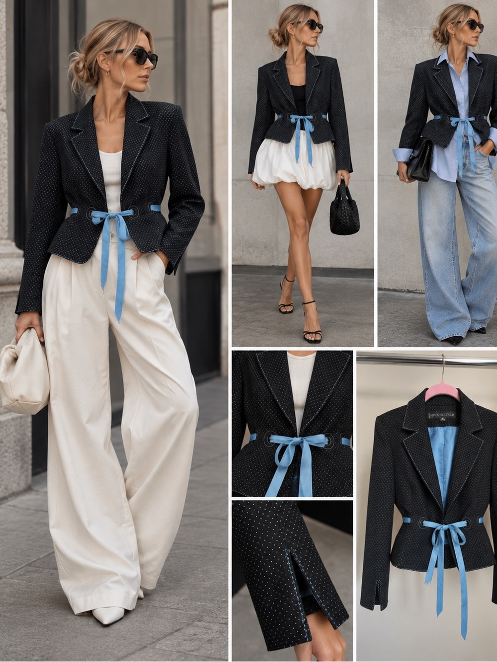 Nipon Boutique Petite Black & Blue Ribbon Tie Blazer – Size 10P